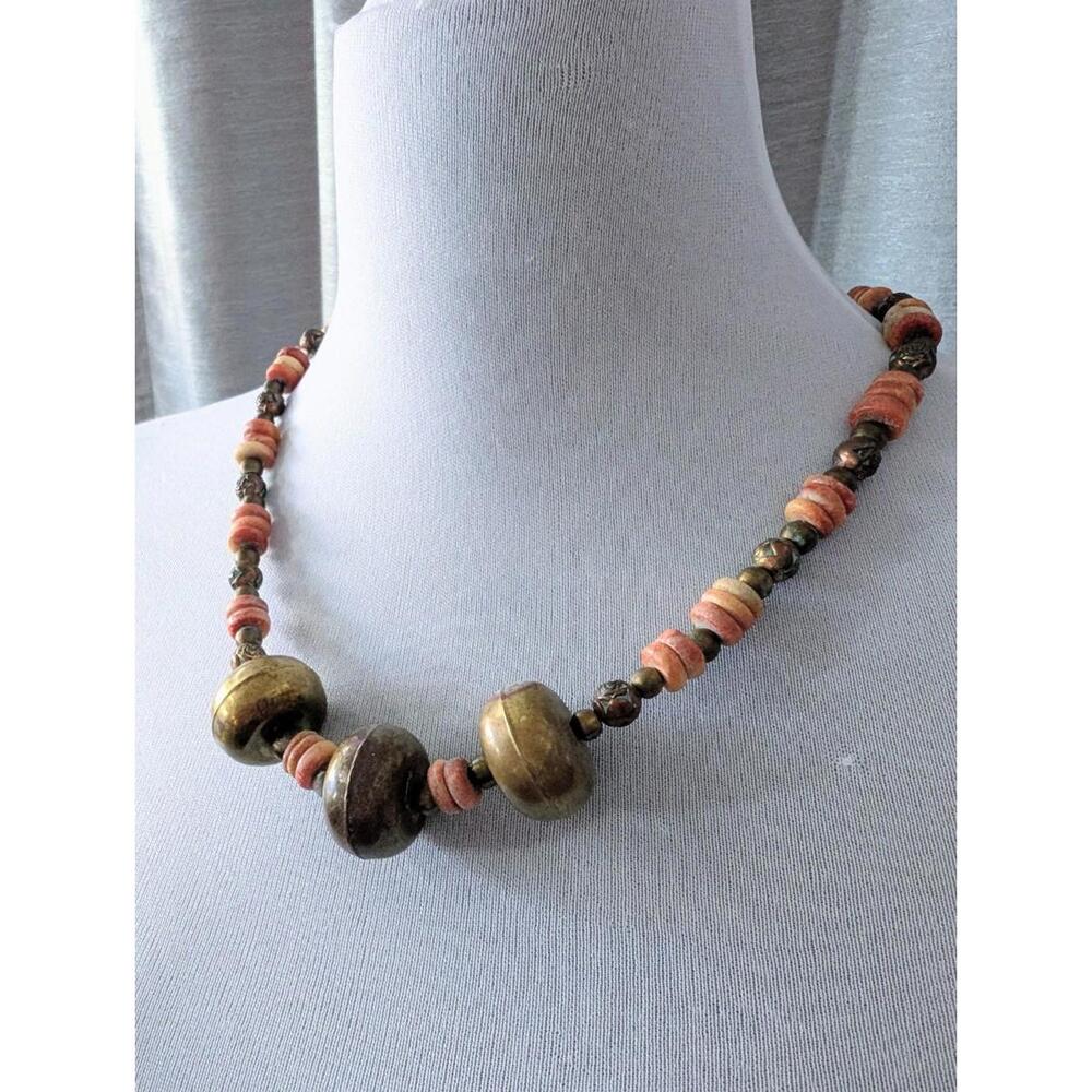 Vintage Tibetan Brass Coral Beaded Statement Necklace